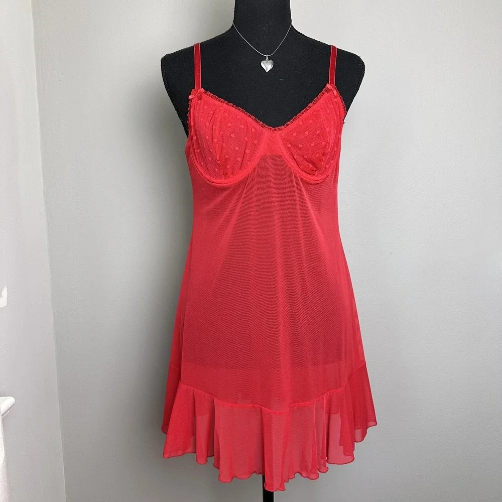 Sheer Babydoll Chemise‎ Womens Small Red Lingerie Slip Ruffle Mesh Underwire